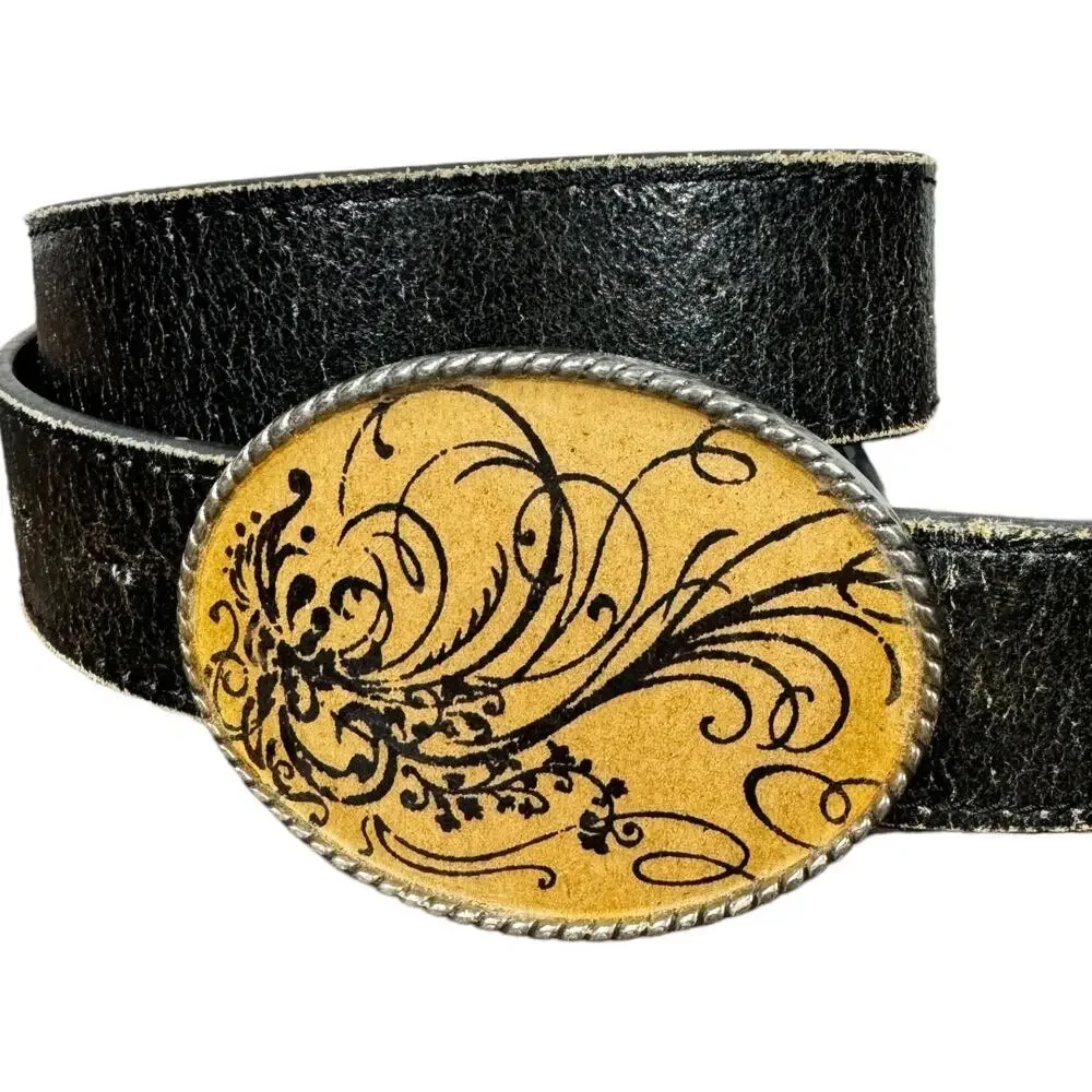 Boho Artisan Floral Buckle Black Distressed Leather Belt Small Western Cottage - Picture 2 of 5